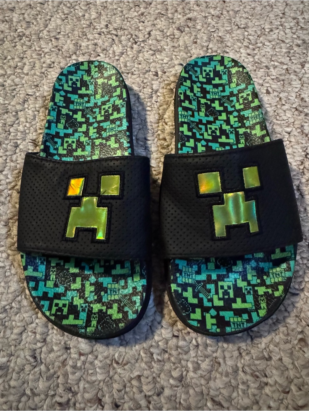 Kids Green Pixel Slide Sandals with Iridescent Creeper Accent